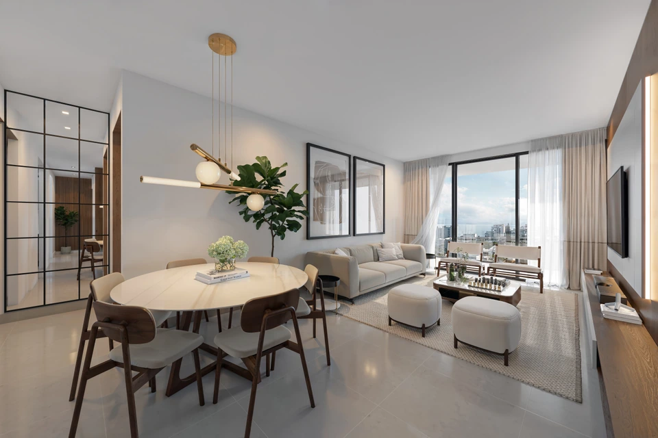 Render de la sala-comedor del apartamento Tipo A