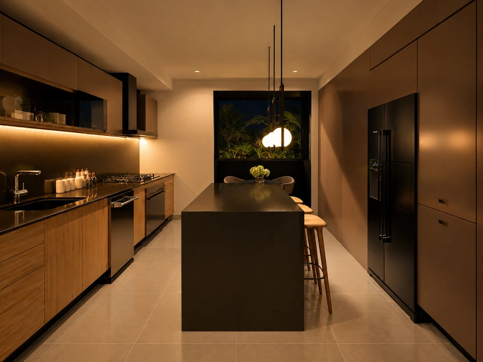 Render de Tipo A · Cocina de noche