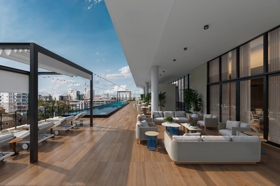 Render de la piscina panorámica y las terrazas del rooftop
