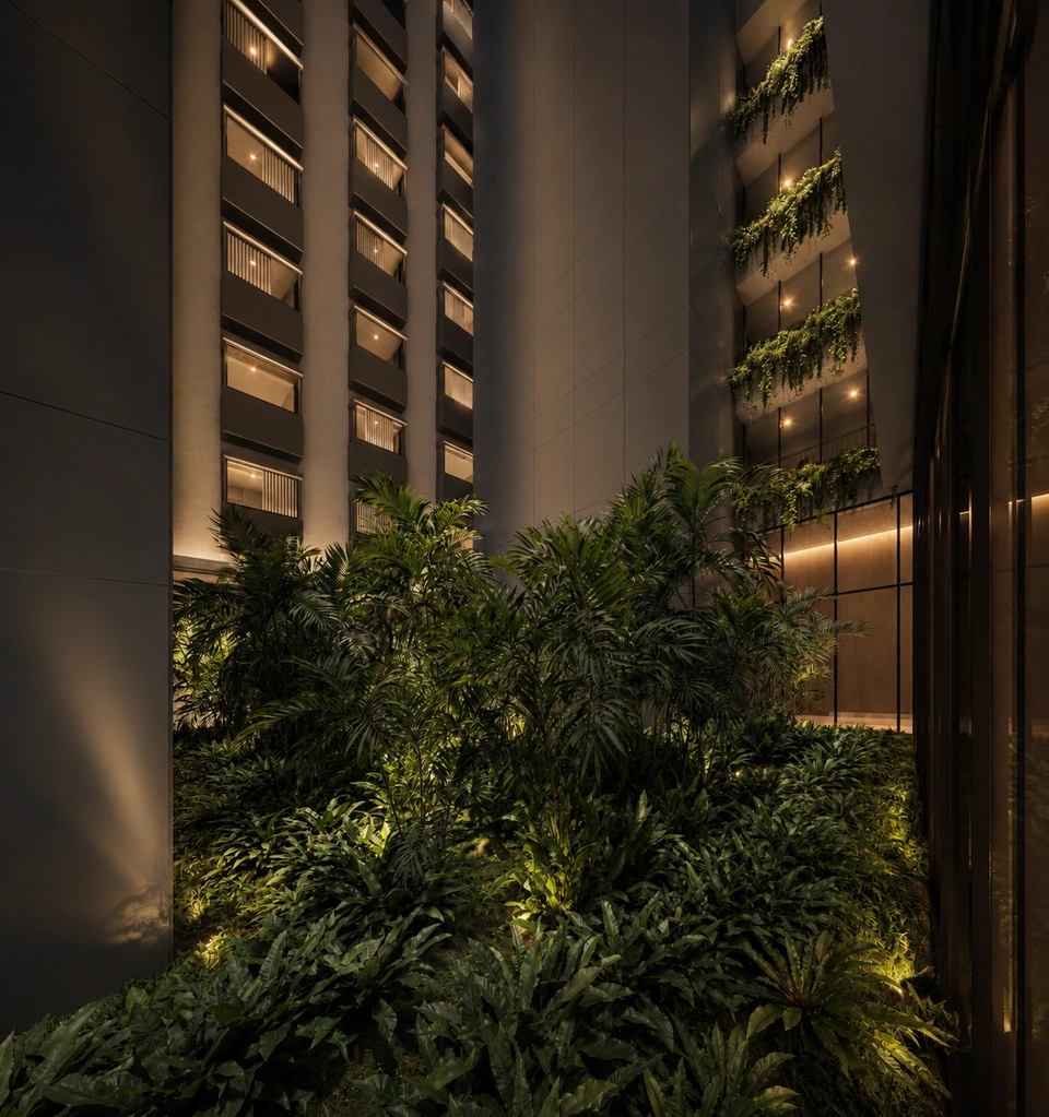 Render de Atrio jardín de noche