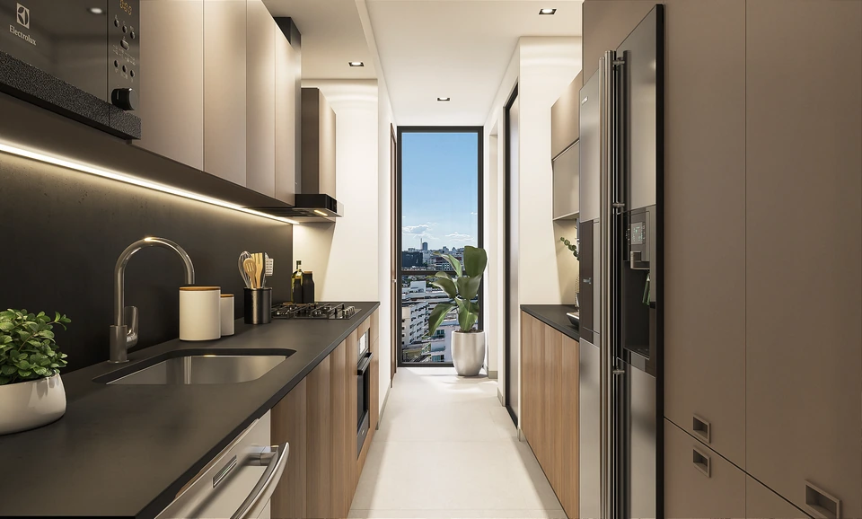 Render de Tipo B · Cocina · vista hacia la terraza