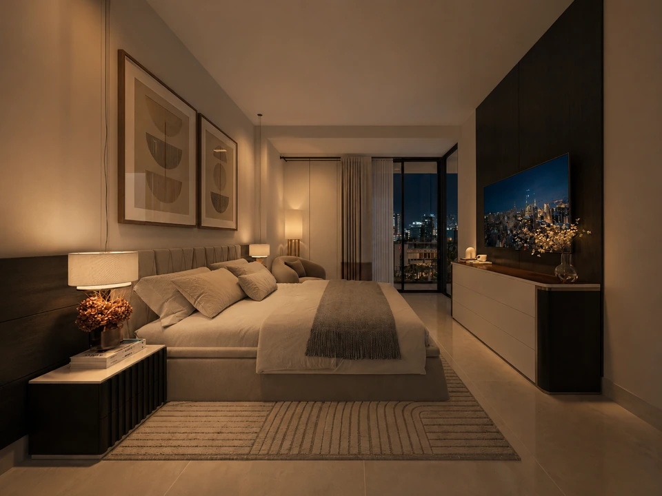 Render de Tipo B · Habitación principal de noche