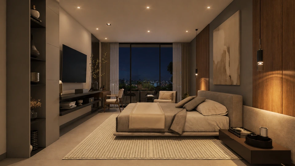 Render de Tipo C · Habitación principal de noche