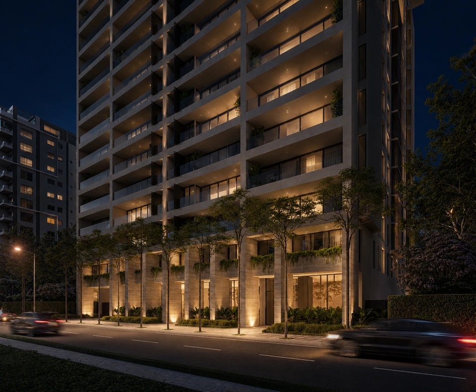 Render de Fachada y acceso de noche