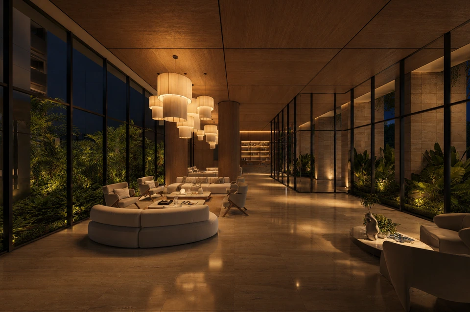 Render de Lobby de doble altura de noche