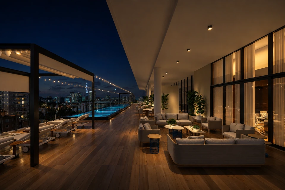 Render de Rooftop y piscina de noche